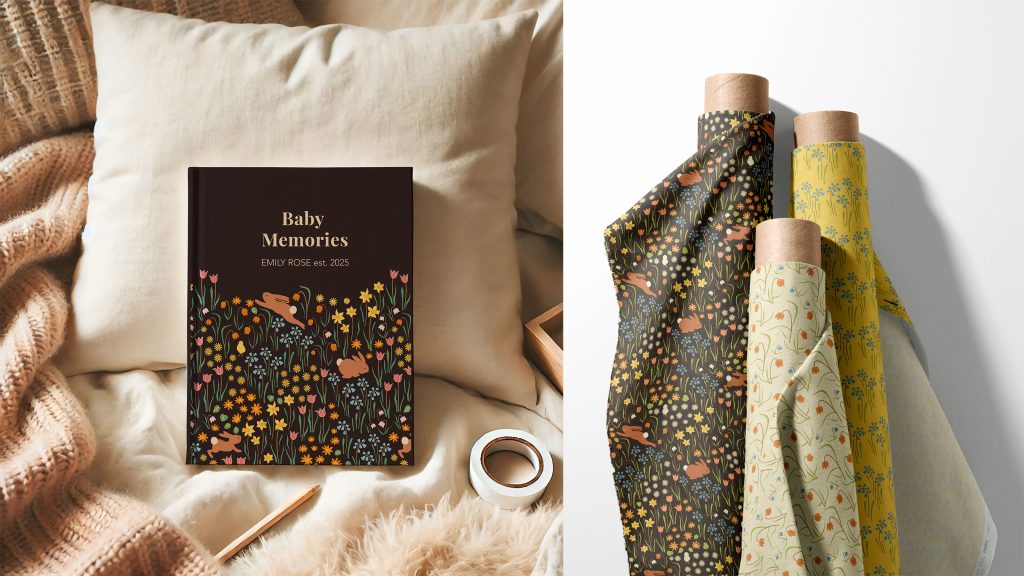 A Collage showing the cover of Baby Memories Notebook in a cosy bed setting on the left. On the right there are three fabric rolls showing three floral fabrics from the Spring Collection.