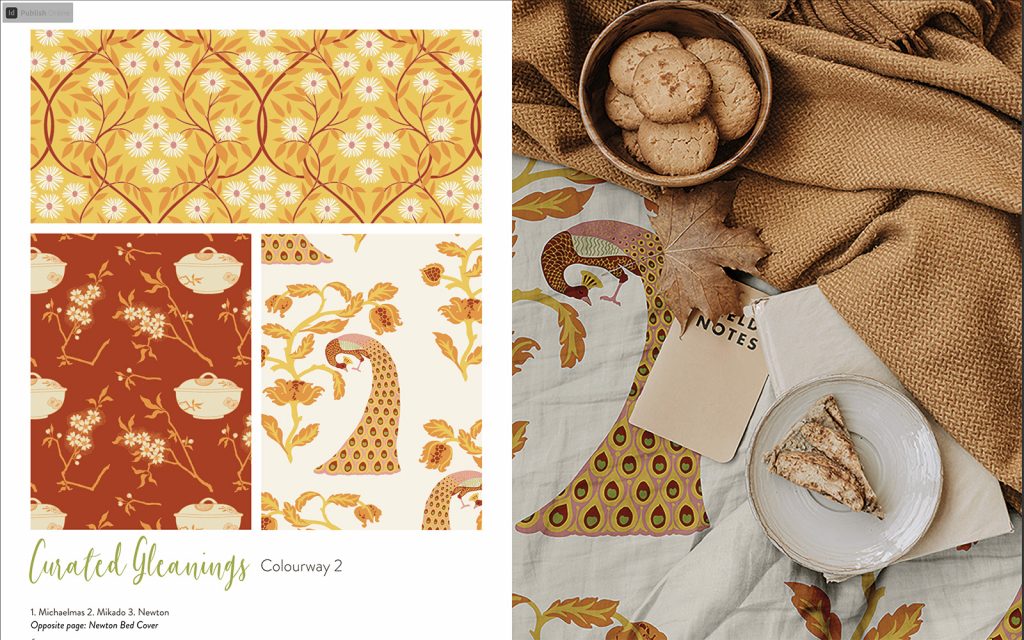 A 2 page design layout from an InDesign Pattern Portfolio. 1 page shows three pattern designs, the second page shows a pattern bedspread mock up with cakes and biscuits.