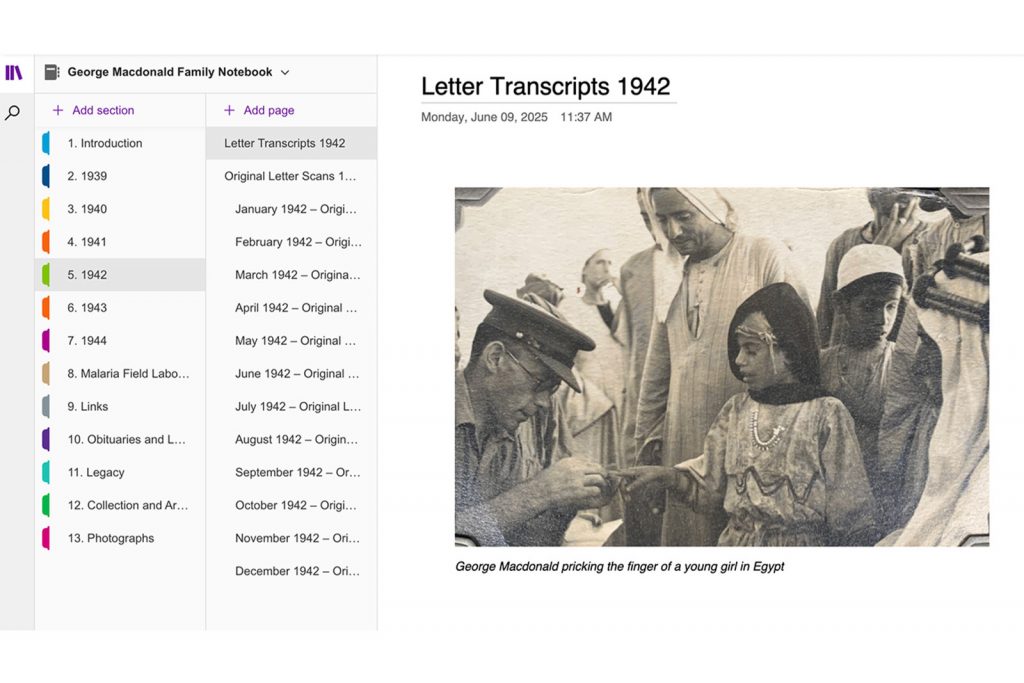A screenshot of the George Macdonald Family Notebook on OneDrive showing the structure of the online notebook and a photograph of George Macdonald pricking the finger of a young girl in Egypt.