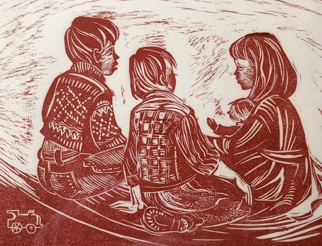 Red lino cut called 'Three Children' by Ulla Frisch